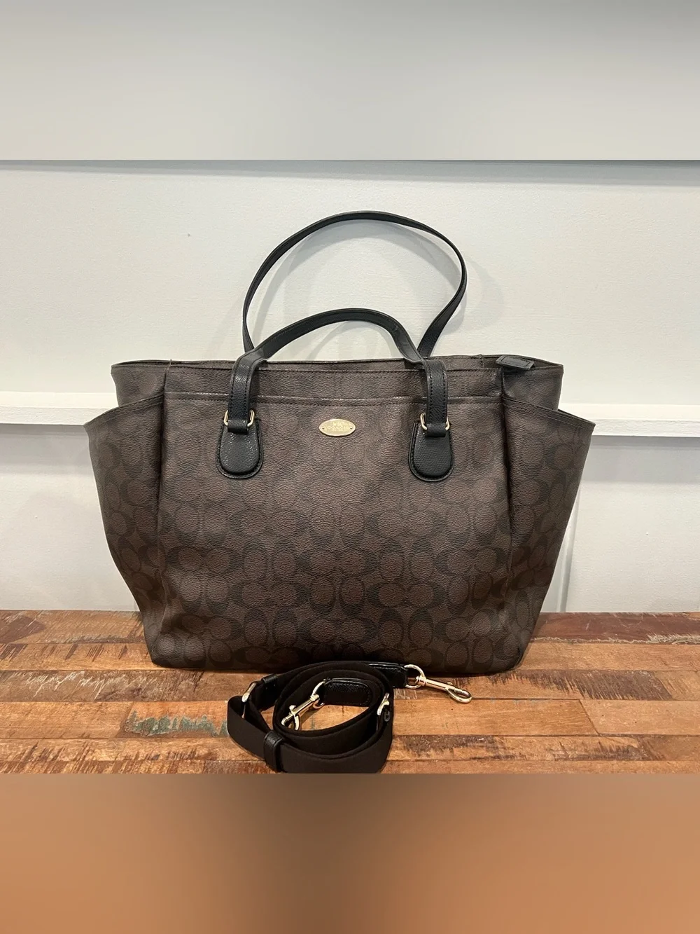Signature Pattern Brown Diaper Tote Bag with Shoulder Strap